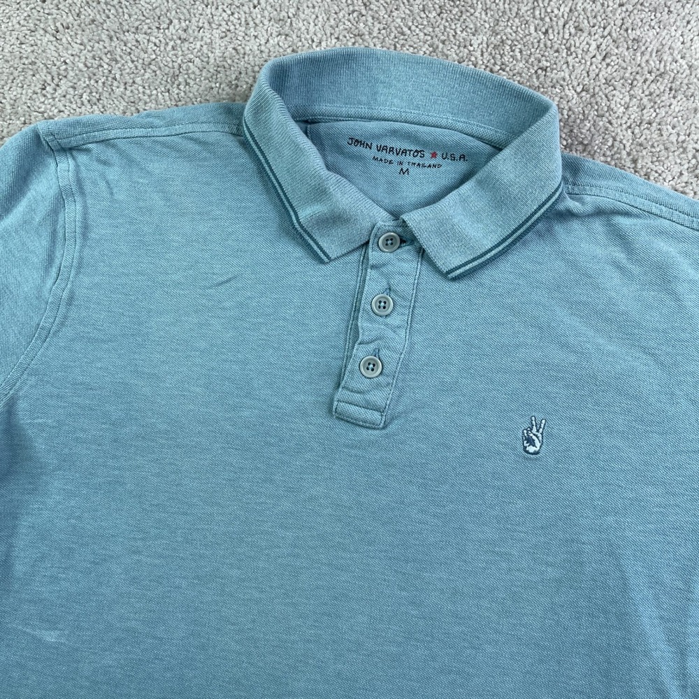 John Varvatos Polo Shirt Mens Medium Blue Short Sleeve Pique Peace Sign Logo